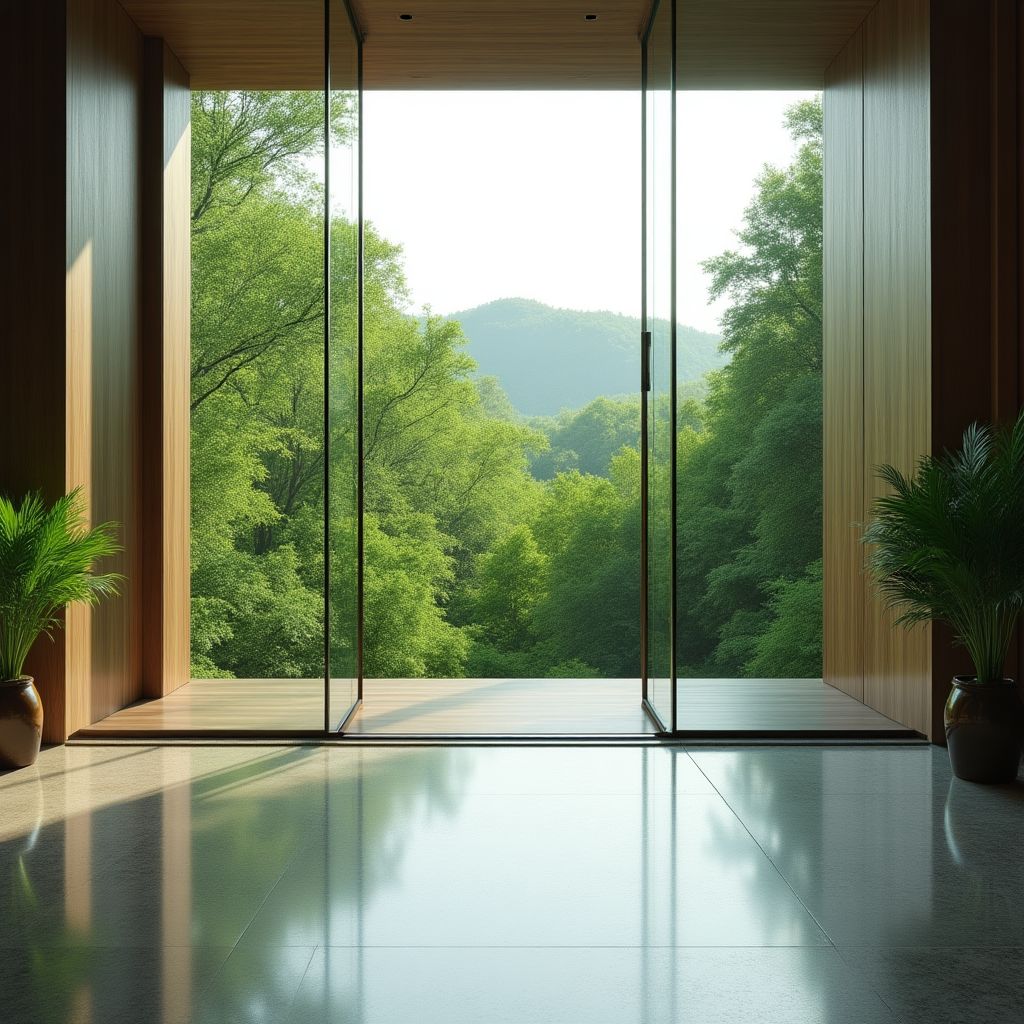 Uitzicht vanuit een serene hotellobby op een weelderig groen landschap